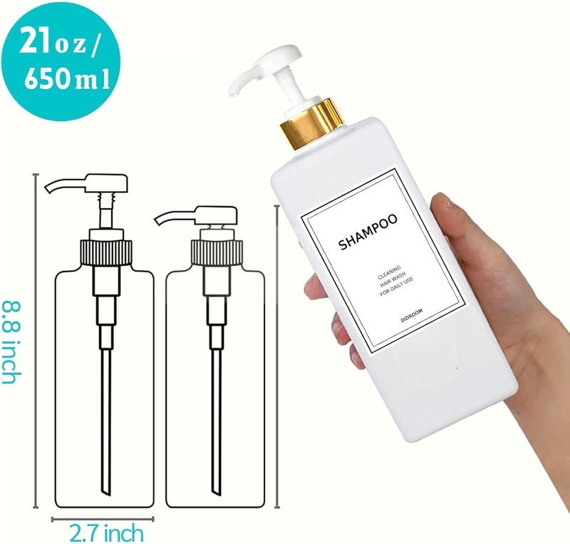 DIDROOM Modern Gold Shampoo and Conditioner Dispenser (21 oz,Pack of 3) Refillable Pump Bottle Set Empty Shower Plastic Bottles with for Bathroom Body Wash Soap Shower,3 Types Labels,Gold&white - Image 2